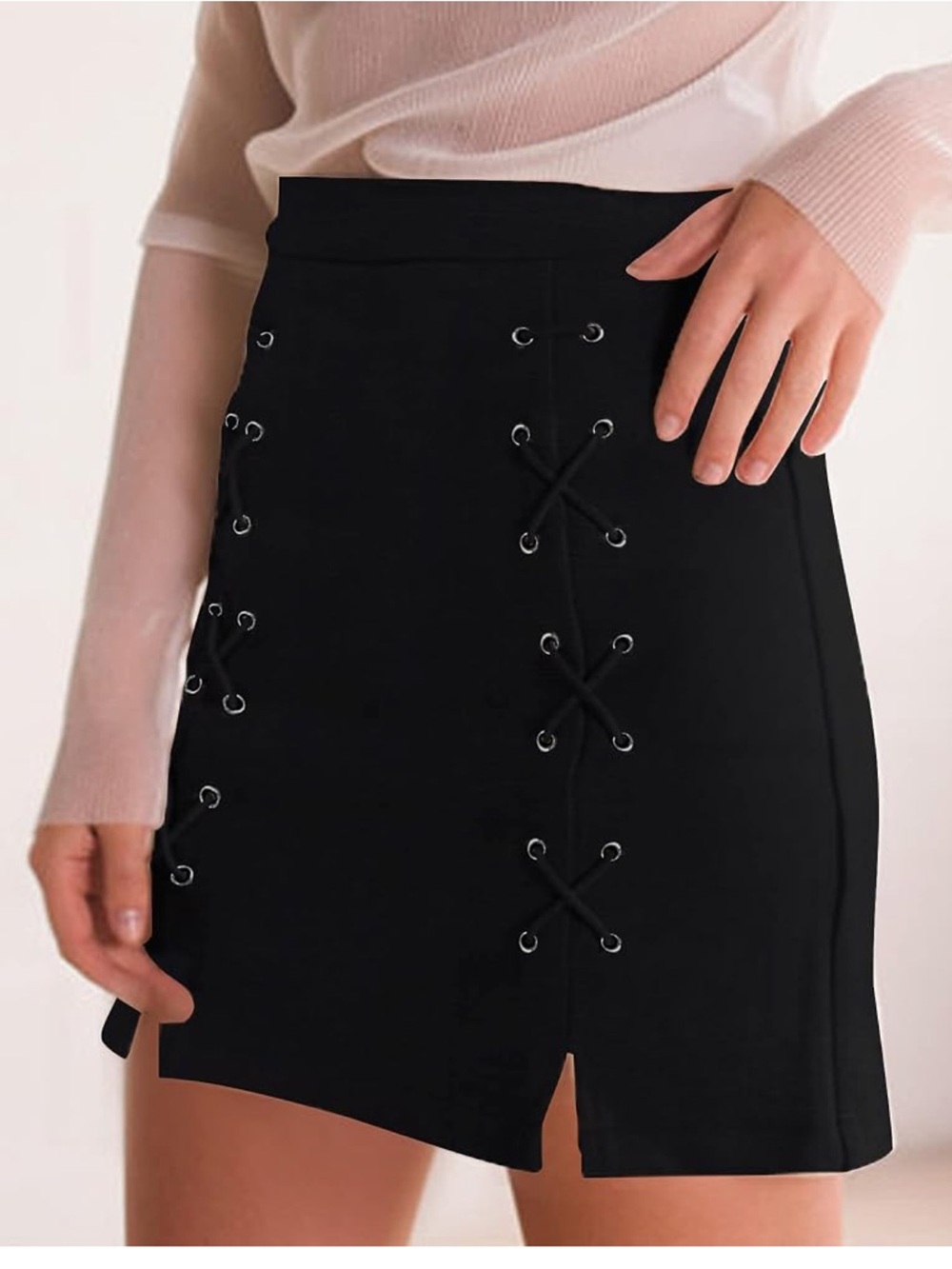 MANGOPOP Faux Suede Lace Up Mini Skirt Black High Waist Size S